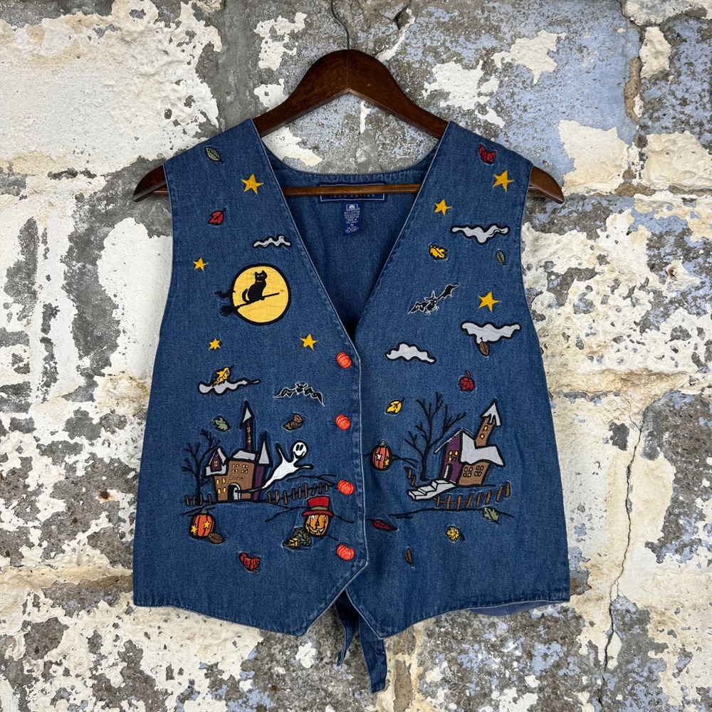 Vintage Karen Scott Halloween Denim Vest Womens M Blue Embroidered Tie Back